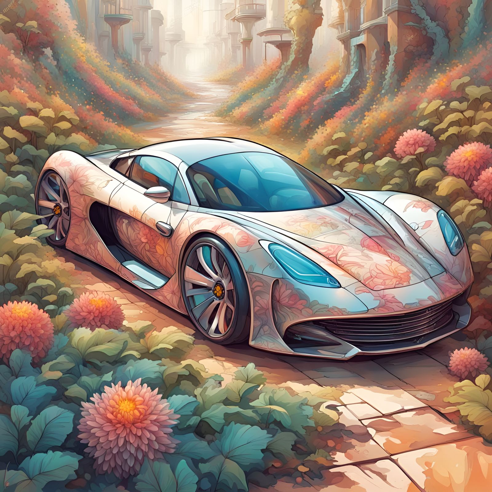 Biomechanical Hyper Car in Floral Vegetation