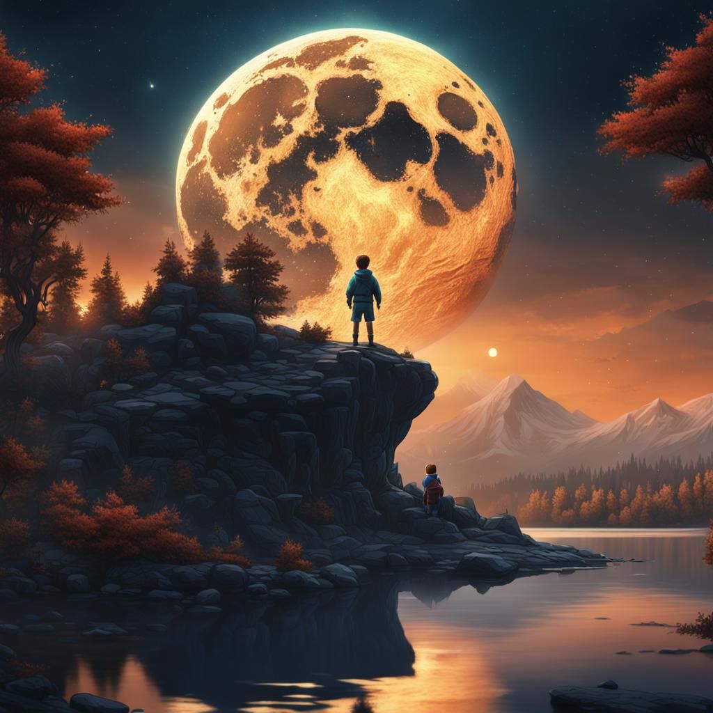 Boy Gazing at Moonlit Lake: Fantasy Concept Art