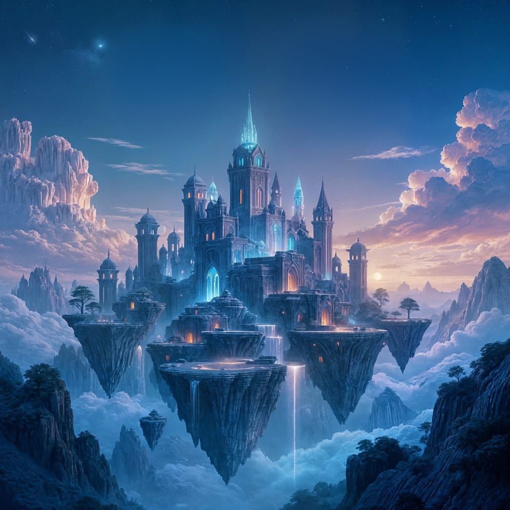 Serene Floating City Under Twin Moons