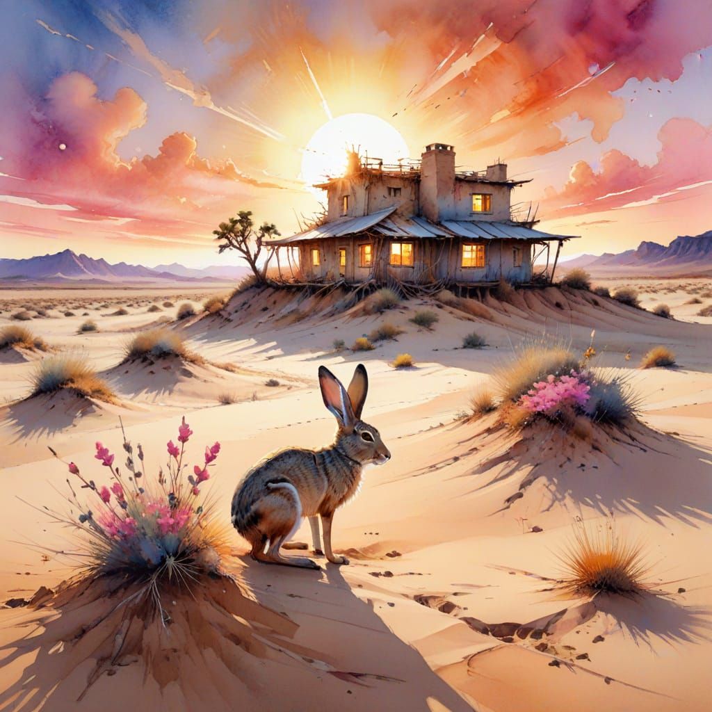 Surreal Desert Oasis Awakens Amidst Vibrant Dawn Hues