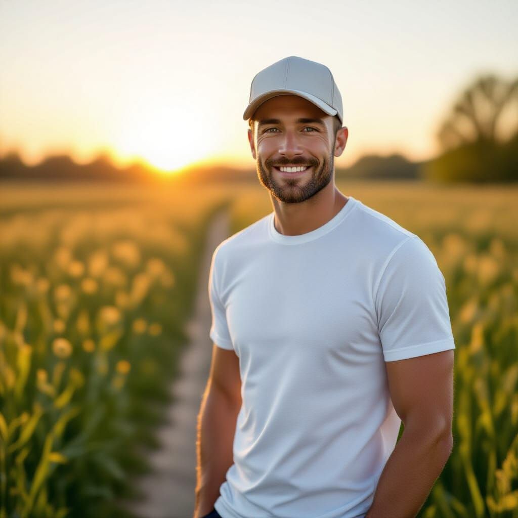 Athletic Man in Spring Meadow at Sunrise