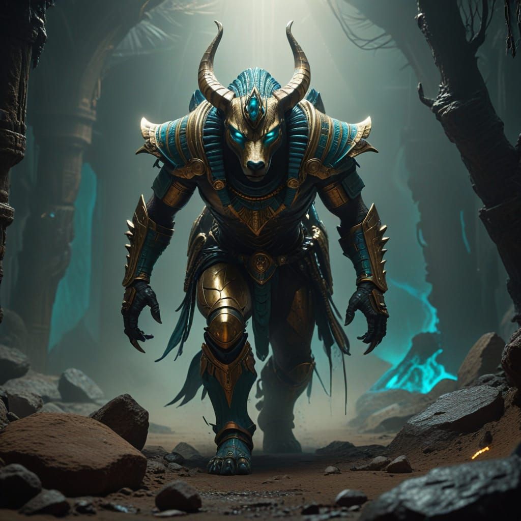 Anubis-like Figure in Pharaoh Armor, Dark Fantasy Art