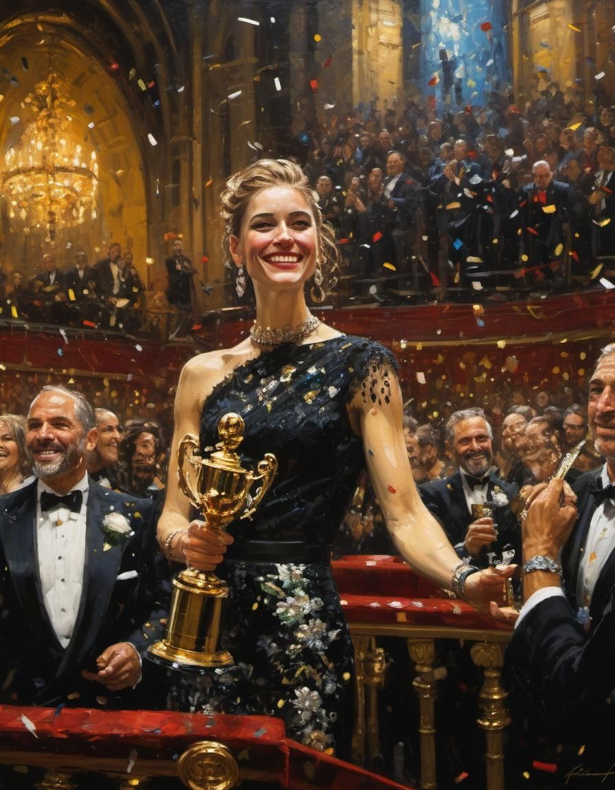 Woman Giving Speech at Award Show in Chiaroscuro Style