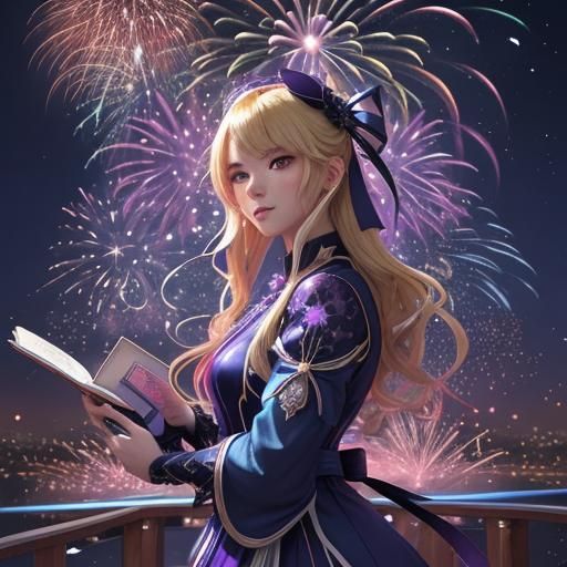 Anime Tarot Reader with Fireworks in 3D Art
