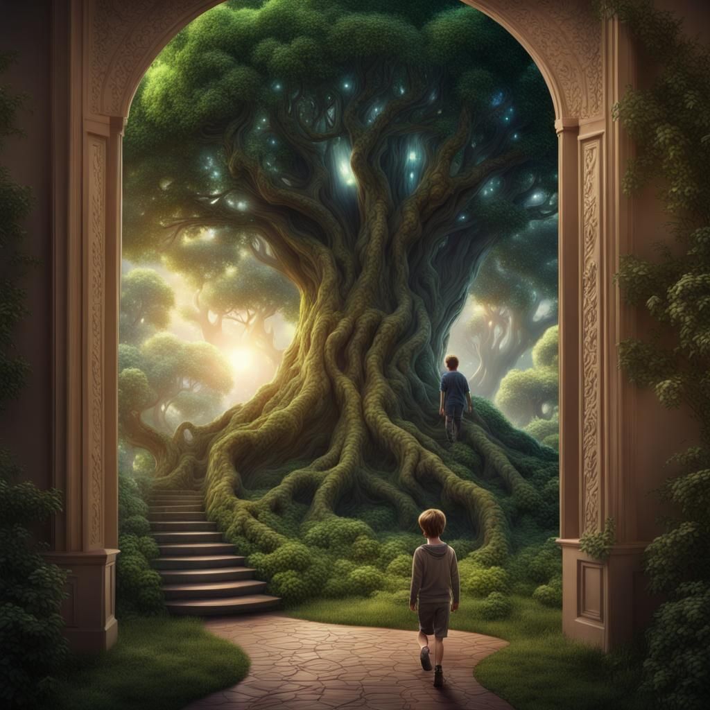 Boy Enters Galaxy Through Tree: Digital Matte Painting