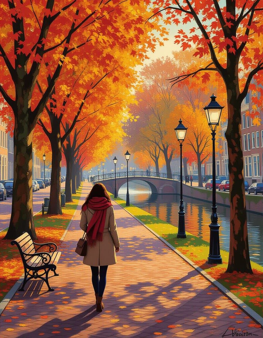 Autumn Canal Scene in Impressionistic Style