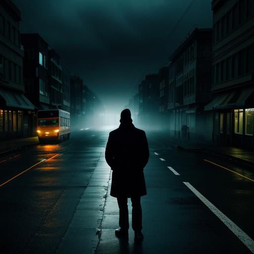 Man at Bus Stop Staring at Sky in Film Noir