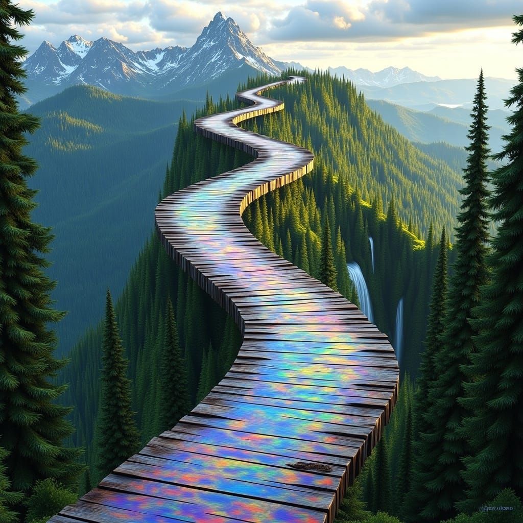 Fantasy Art Painting of Alpine Boardwalk with Iridescent Liq...