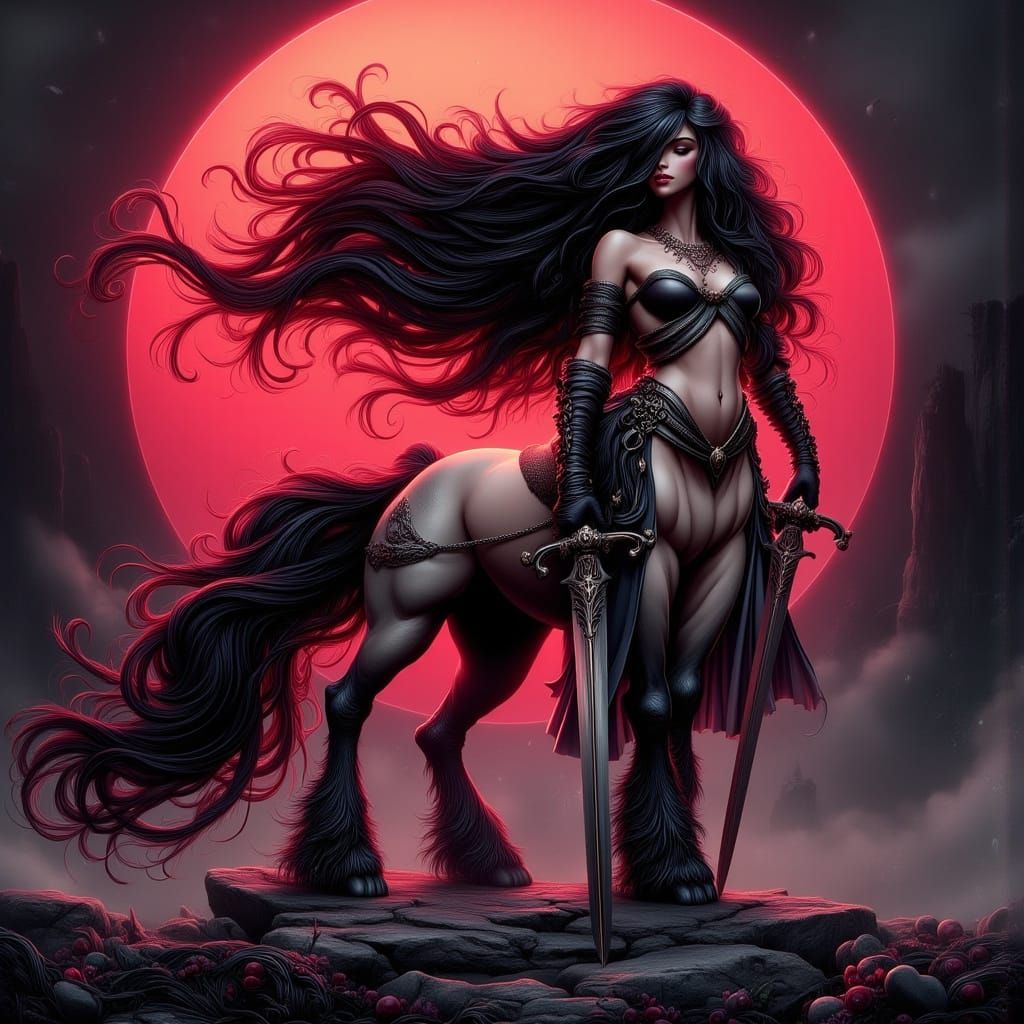 Gothic Female Centaur Awaits Battle in Fantasy Scene