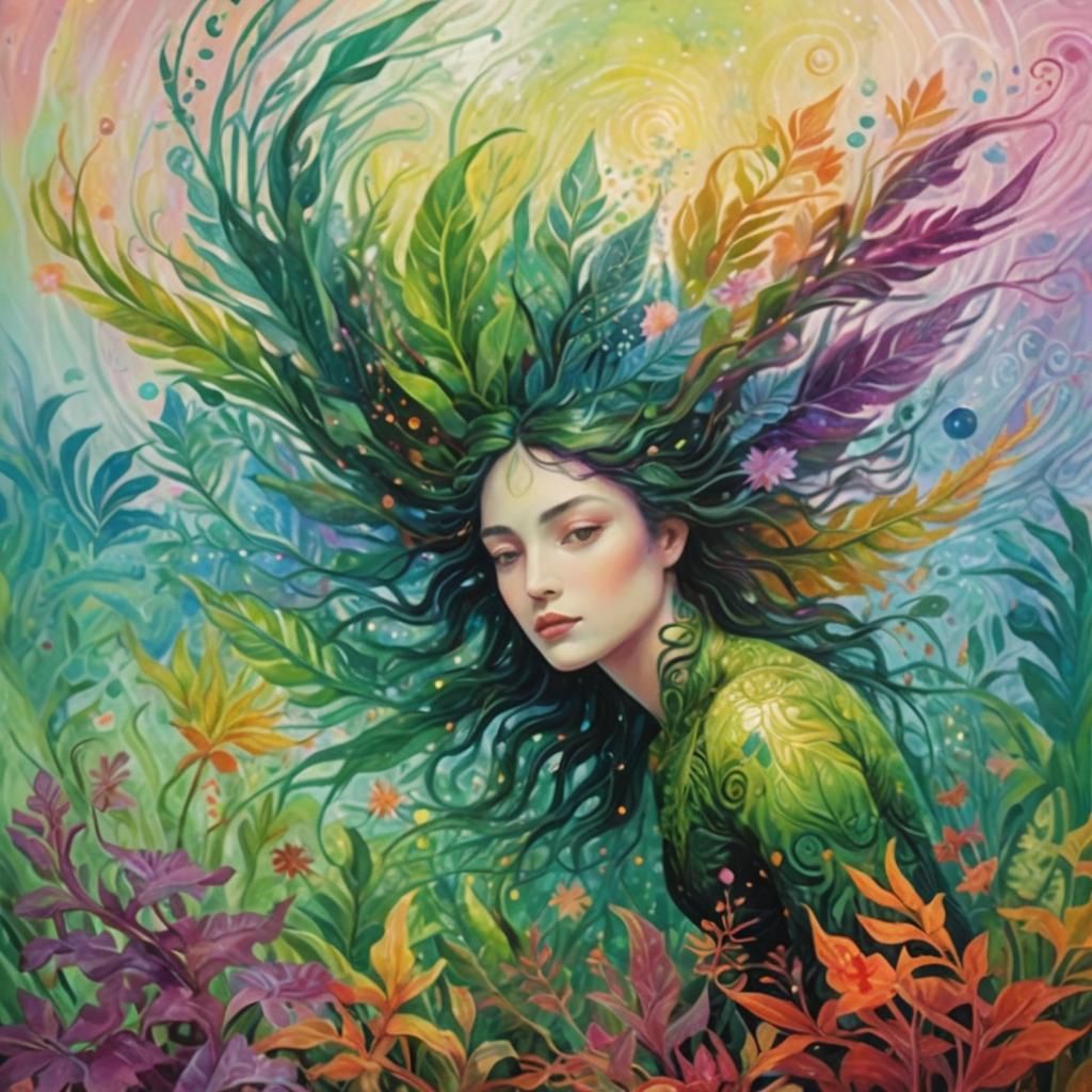 Lush Greenery in Surreal Astral Cosmic Illustration