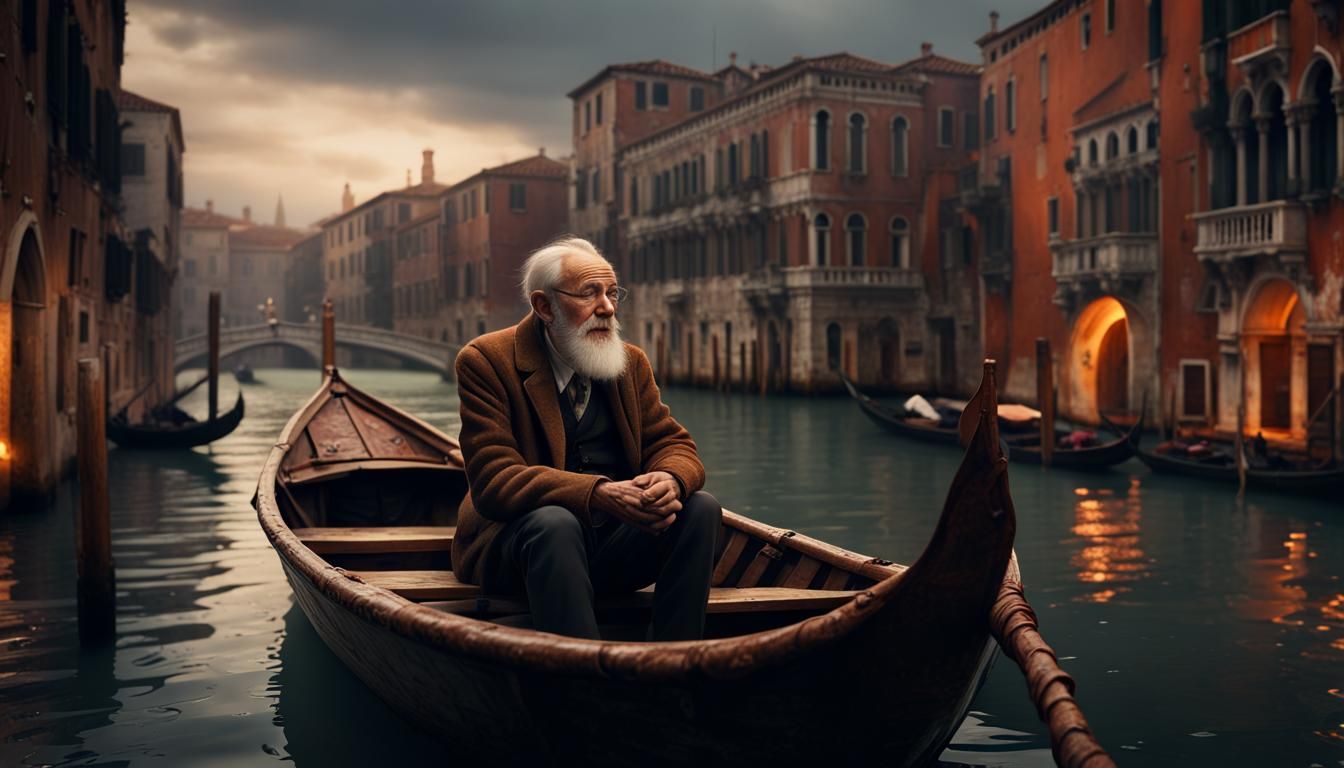 Venice Rainy Night: Old Man's Reflections