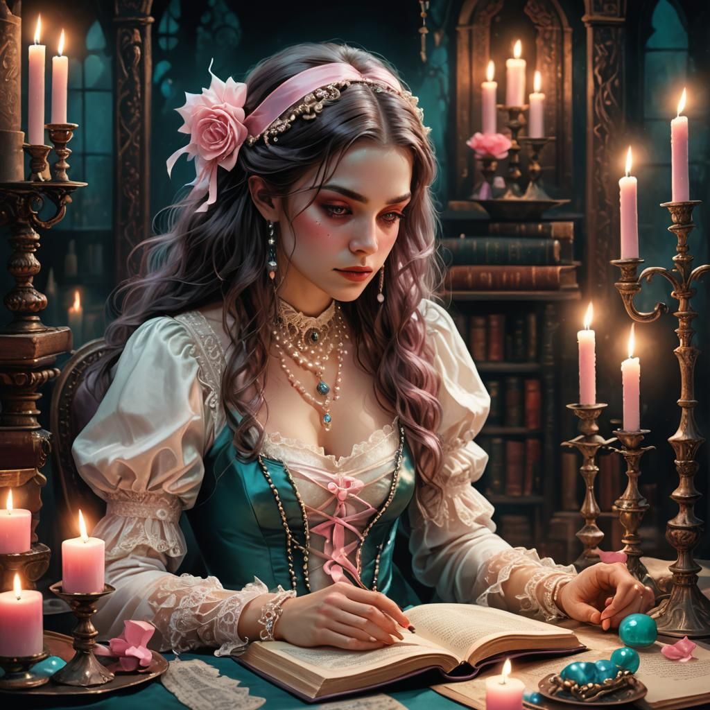 Enchanting Young Witch in Candlelight, Fantasy Art