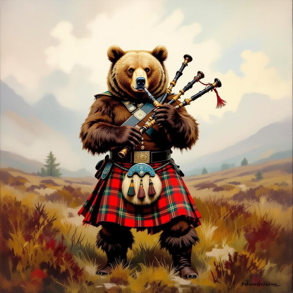 Scottish Bear in Kilt Plays Bagpipes on Misty Moor