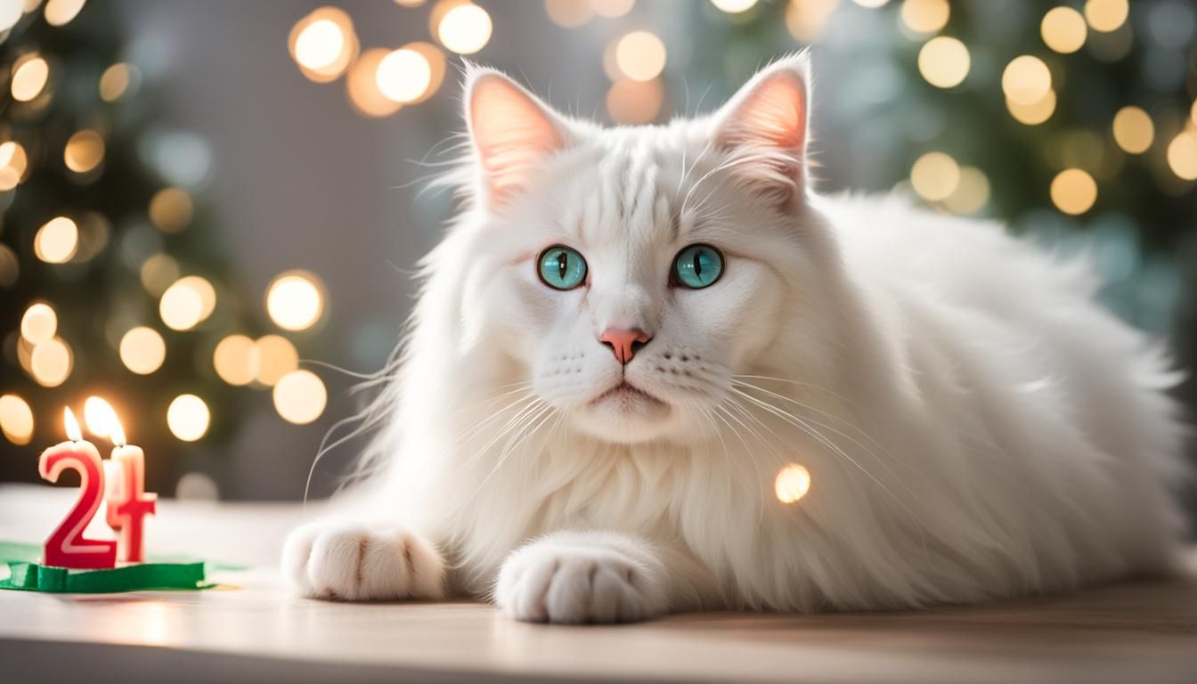 Happy White Cat Celebrates Birthday in Photo