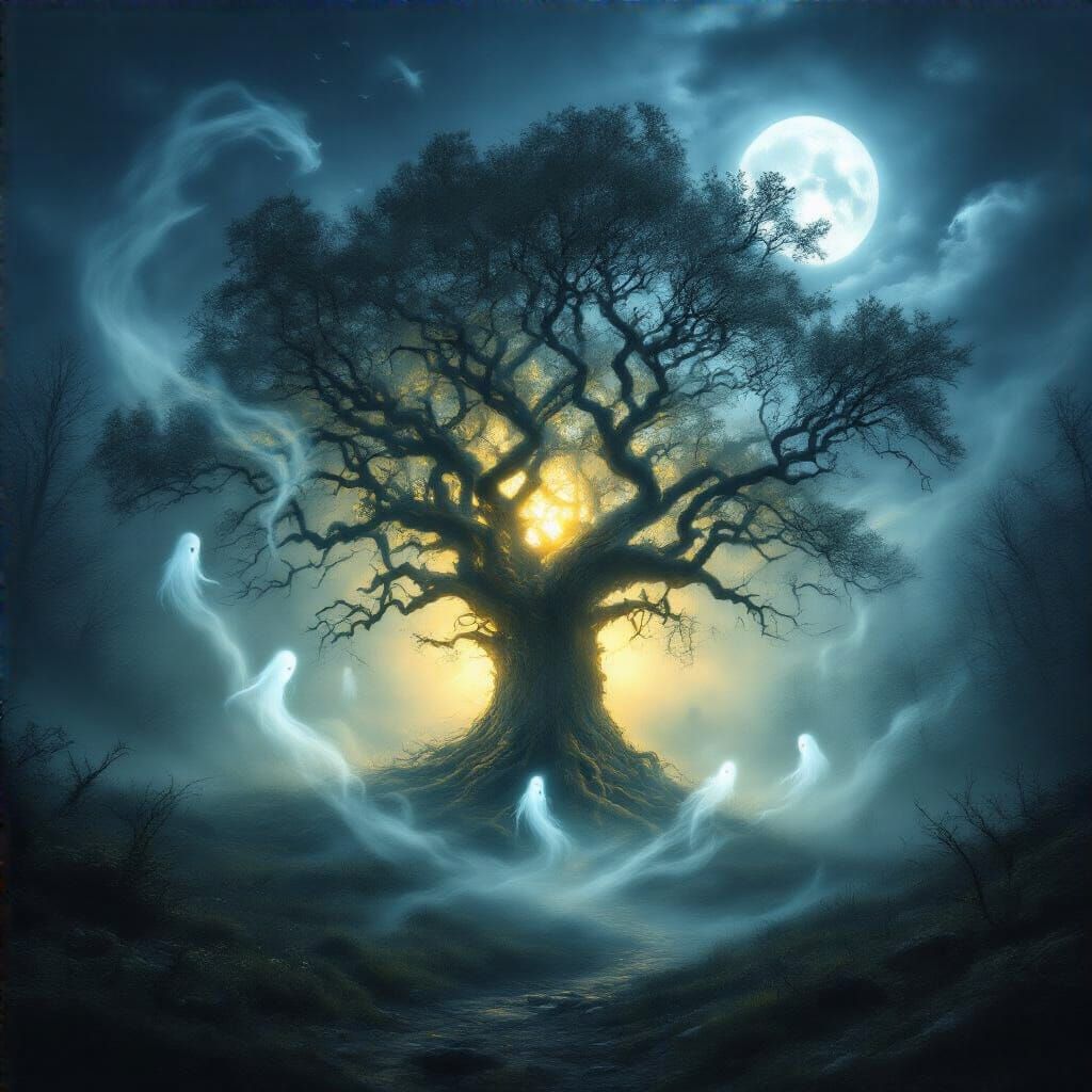 Mystic Woods Ancient Tree Glowing Under Moonlit Night
