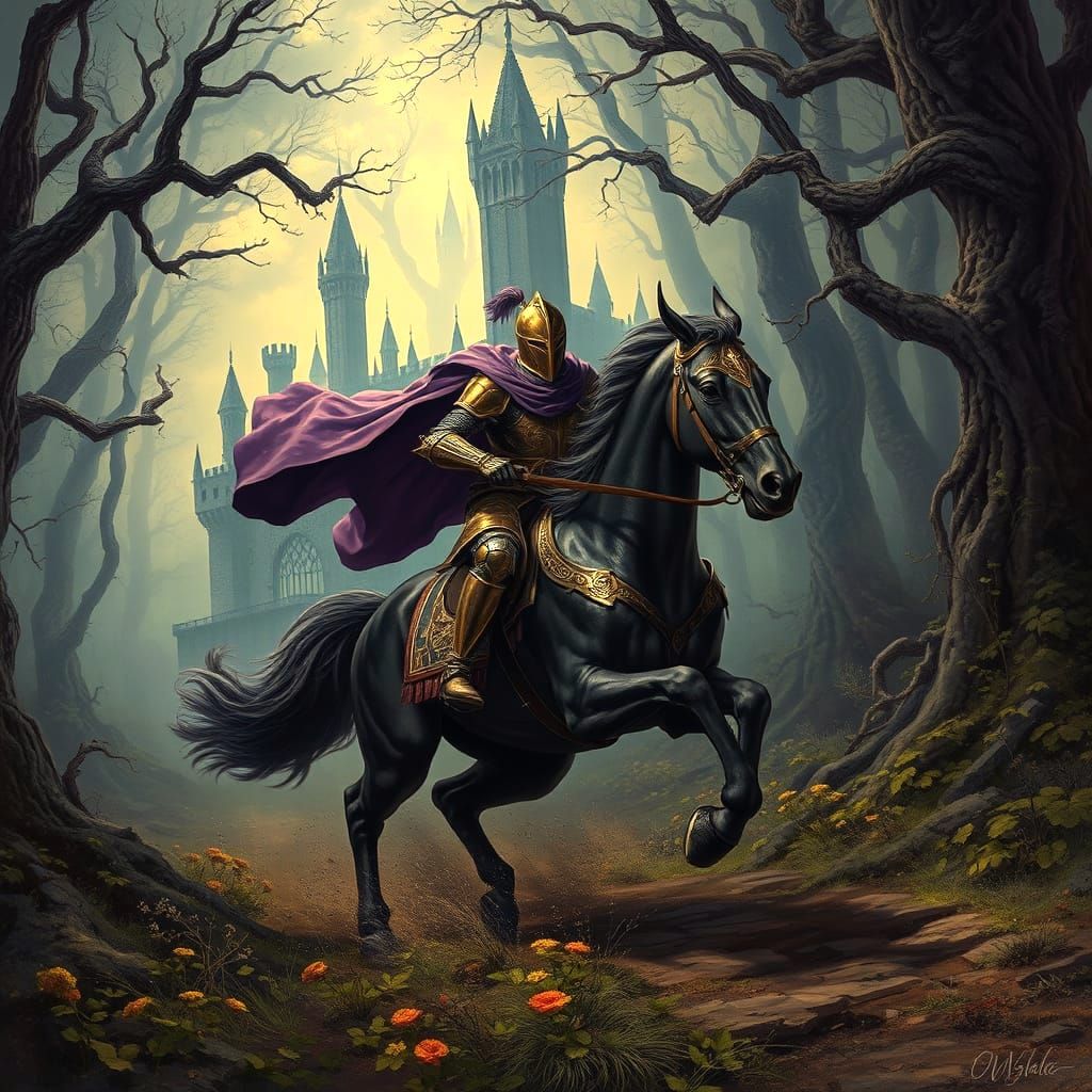 Knight Rides Through Enchanted Forest, Dark Fantasy Art