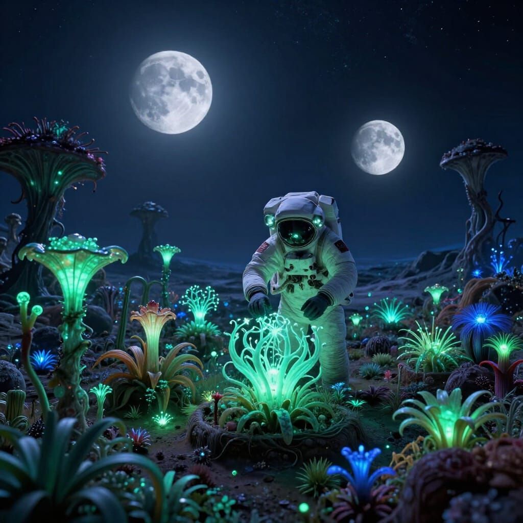 Astronaut Tends Alien Garden Under Twin Moons
