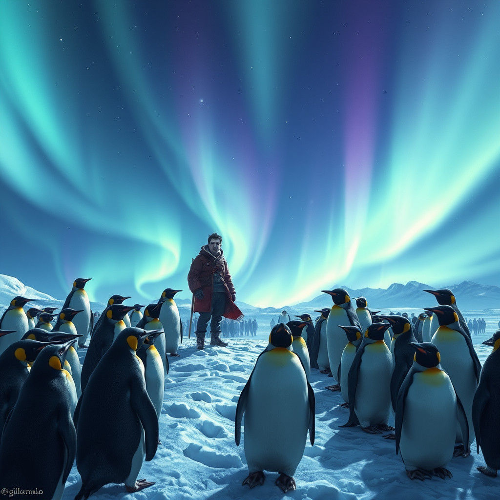 Valiant Figure at North Pole with Penguins, Matte Painting