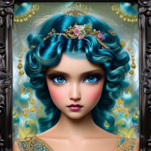Hispanic Girl with Blue Hair in Fantasy Art Deco Style