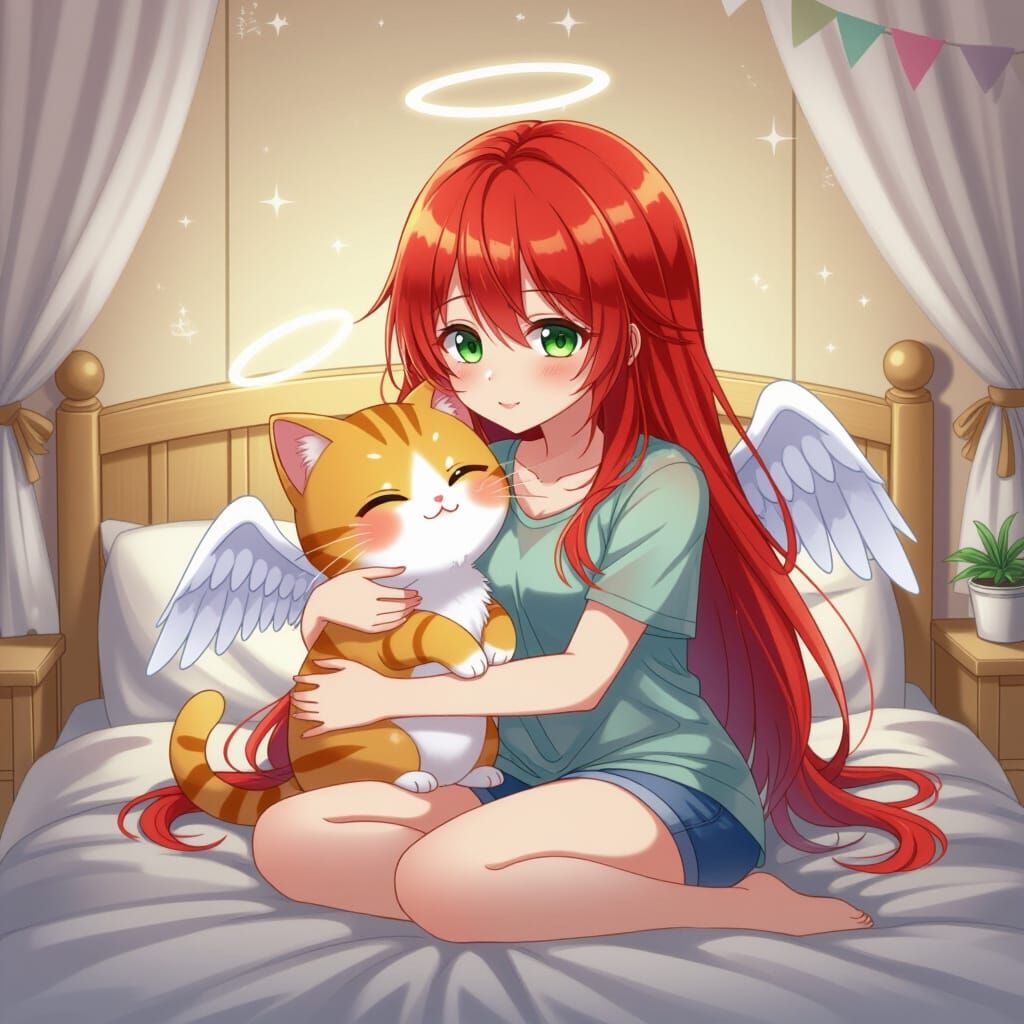 Woman Hugging NekoYo Plushie in Anime Watercolor Style