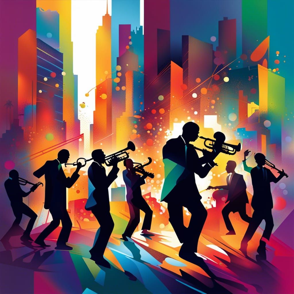 Vibrant Cityscape Pulsing with Jazz Music
