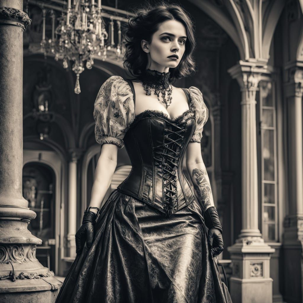 Gothic Lady with Rifle by Victorian Mansion