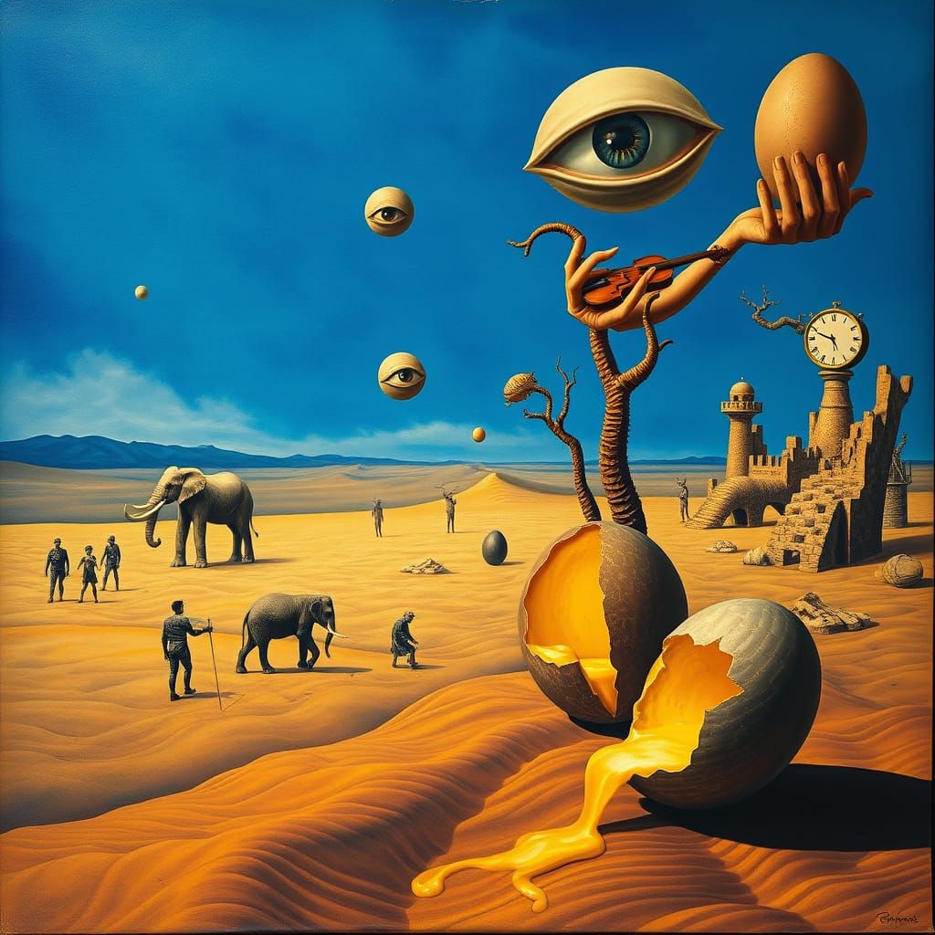 Surreal Desert Landscape with Melting Forms and Floating Eye...