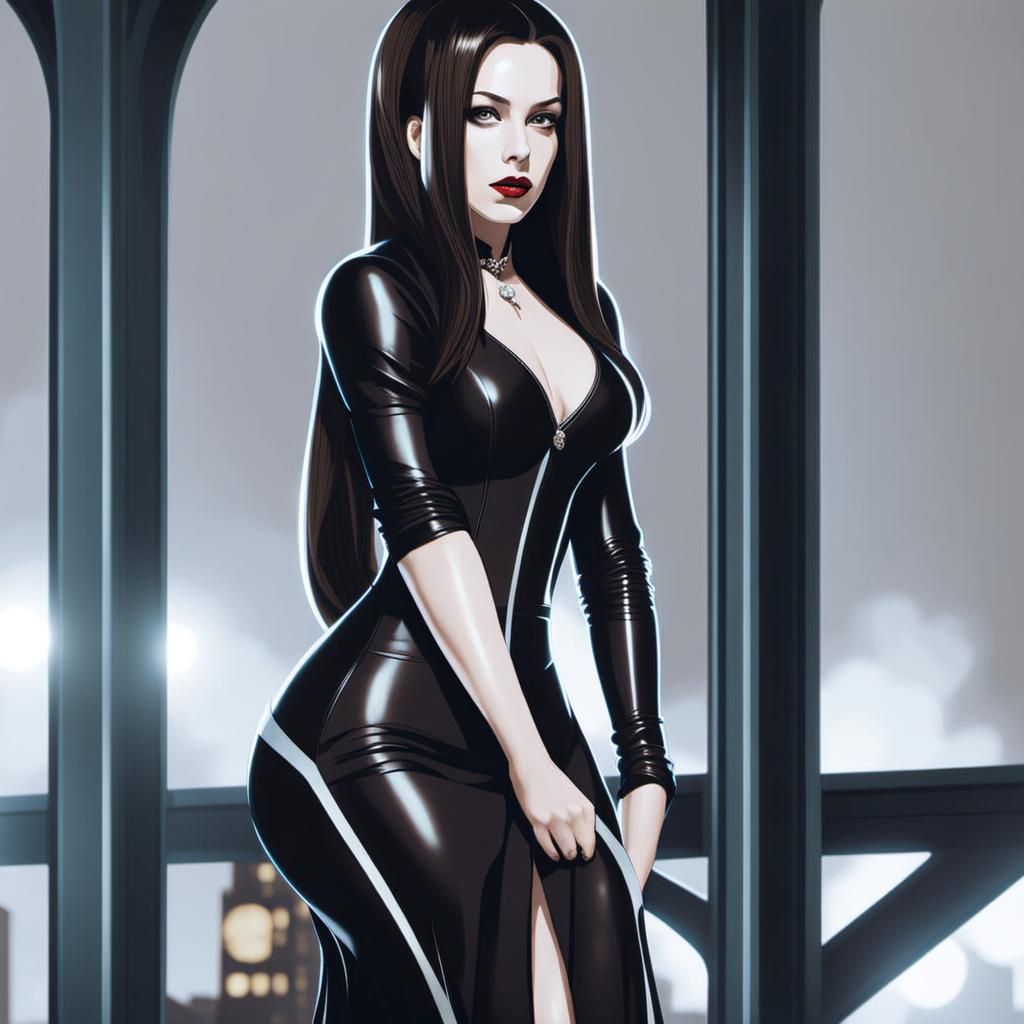 Woman in Latex Suit on Rooftop in Film Noir Style