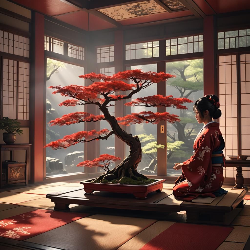 Ethereal Red Bonsai in Japanese Room, Detailed Matte Paintin...