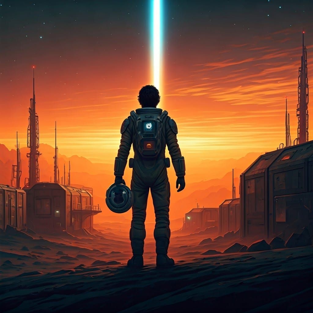 Astronaut Gazing at Binary Sunset on Desolate Asteroid Colon...