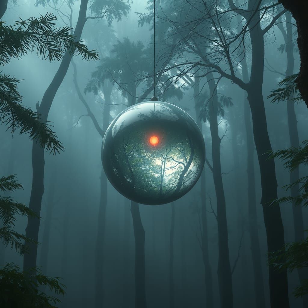 Ethereal Orb Reflects Primeval Forest: Dreamlike Sci-Fi Art