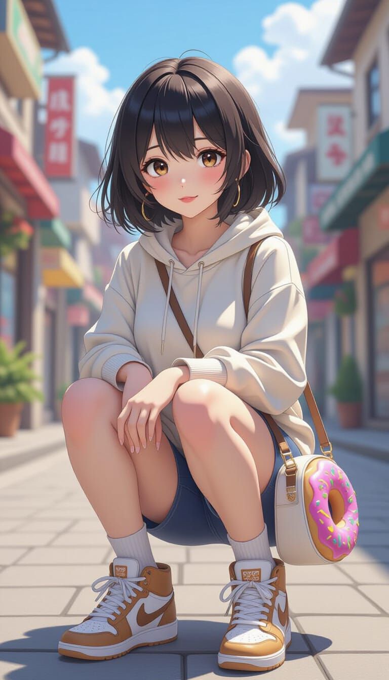 Anime Style Woman With Donut Sneakers and Bag