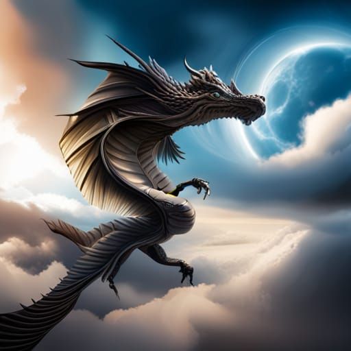 Black Dragon Soaring in a Blue Sky