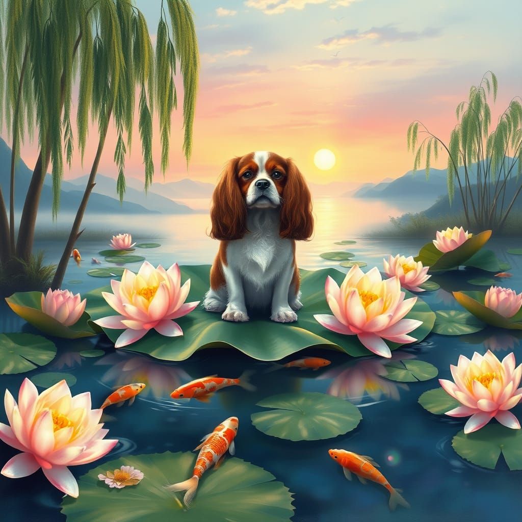 Peaceful Water Scene with Cavalier King Charles Spaniel and ...