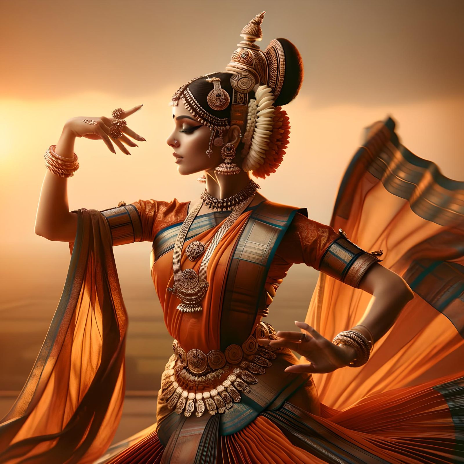 Bharatanatyam Dancer in Traditional Costume at Sunset