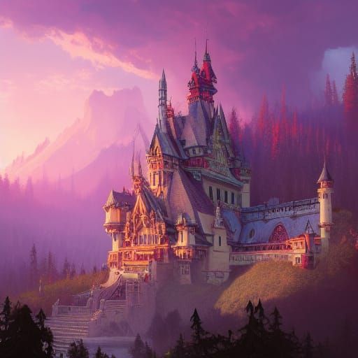 Pink Castle Sunset in Digital Painting Style