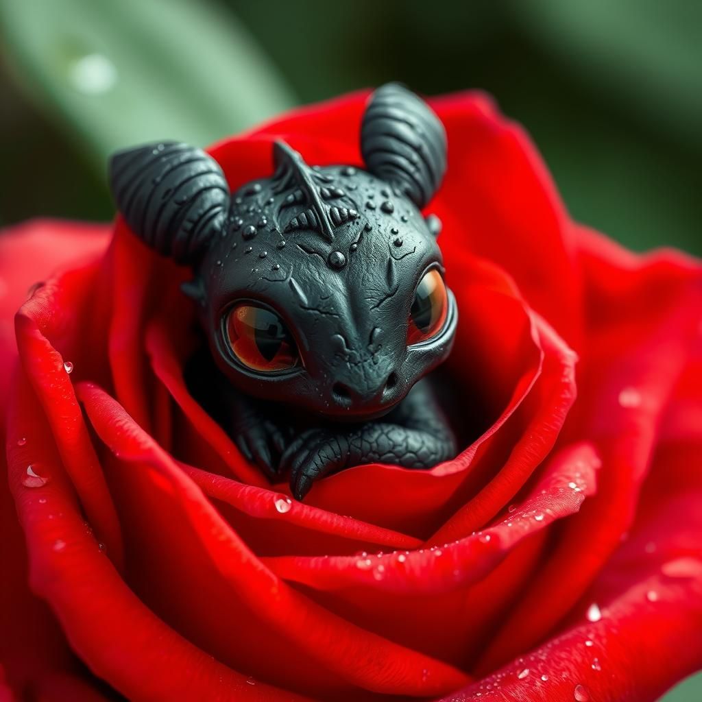 Tiny Black Dragon in Red Rose with Dew Drops