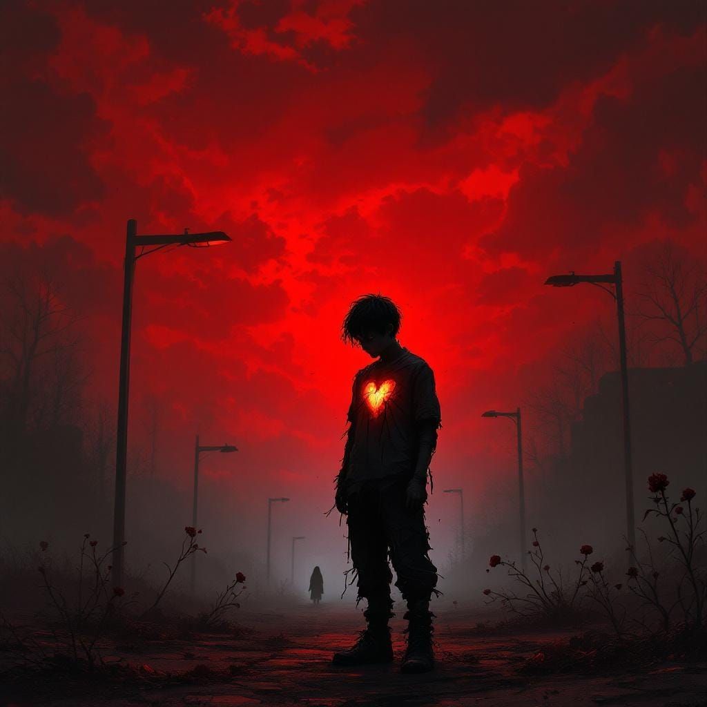 Eerie Boy in Blood-Red Sky: Gothic Digital Art