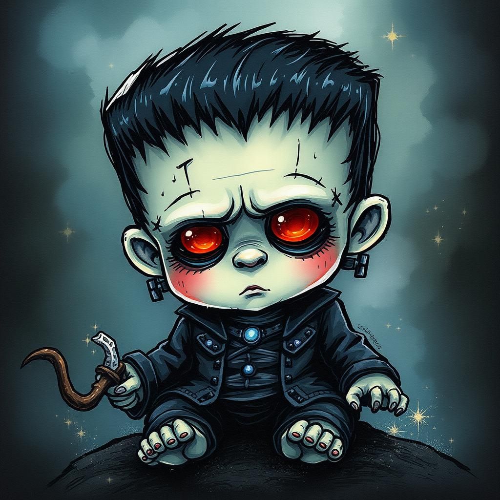 Cute Chibi Frankenstein's Monster in Dark Fantasy Style