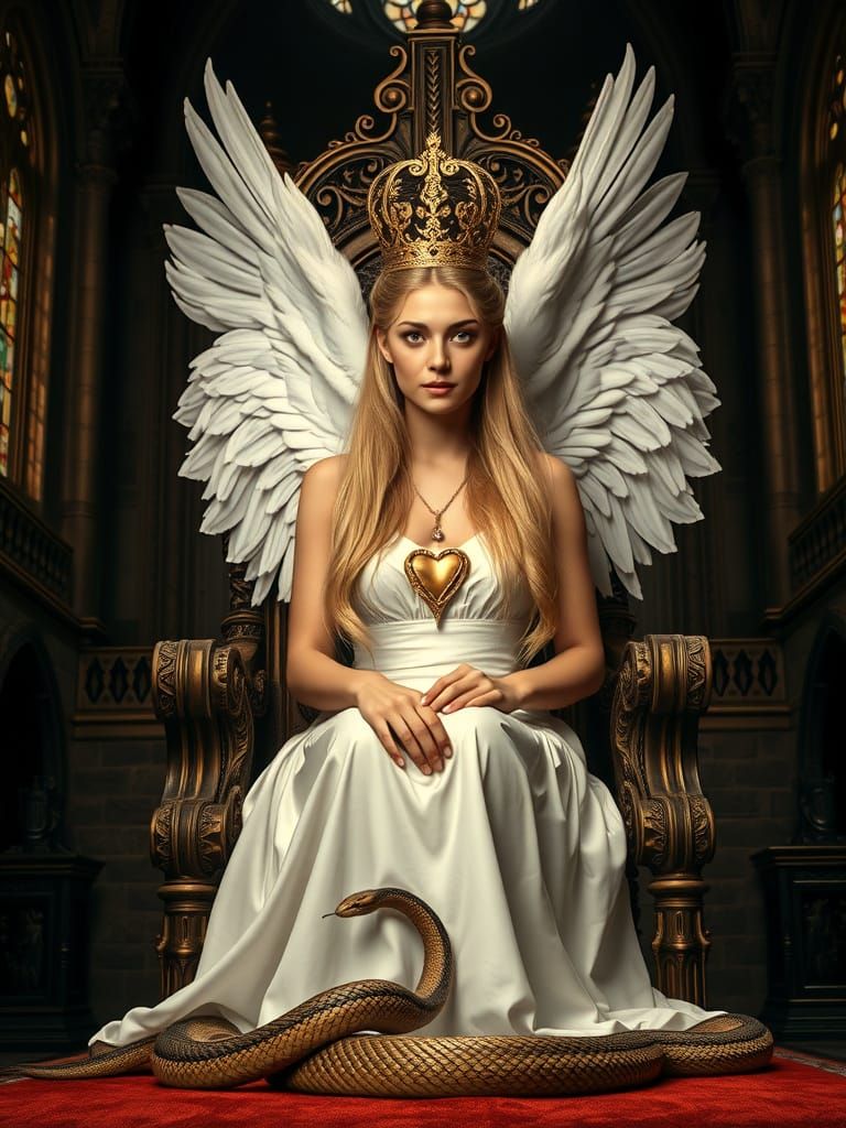 Serene Angel of Light on Throne, Snow-White Wings, Golden Ha...