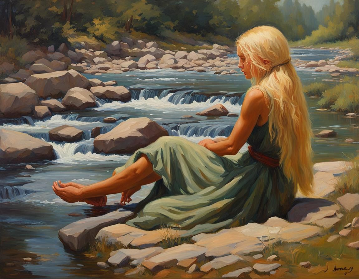 Classical Oil Painting of Woman Washing Hair