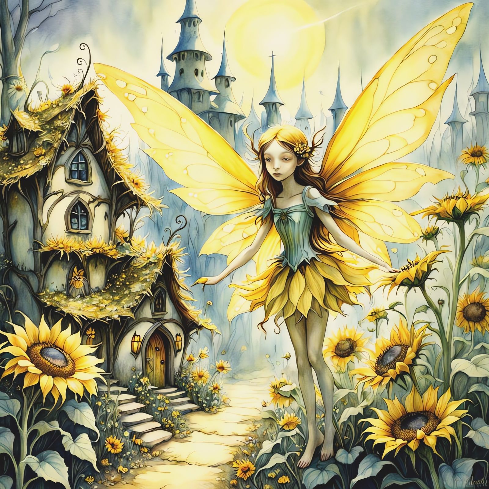 Whimsical Fairy Village in Giant Sunflower, Watercolor Style