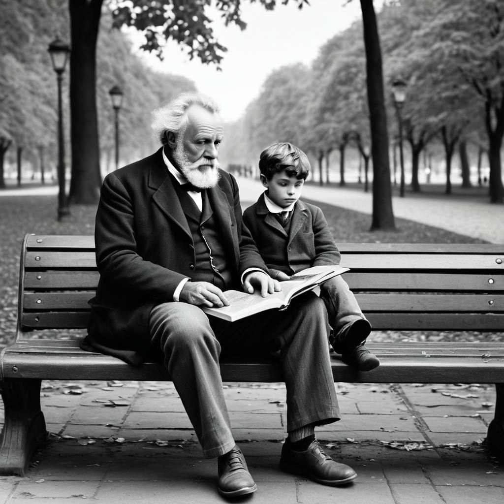 Jules Verne Reading with Grandson in Park