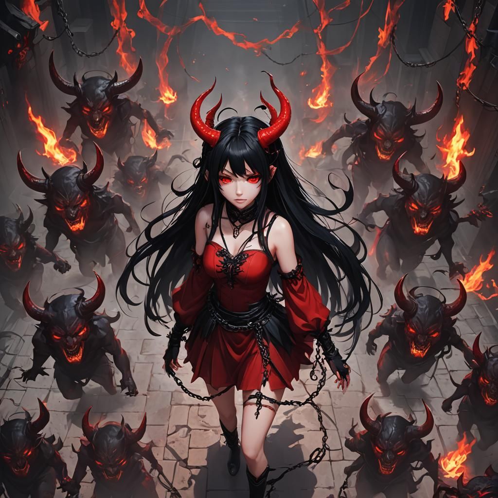 Anime Girl with Devil Horns in Hell