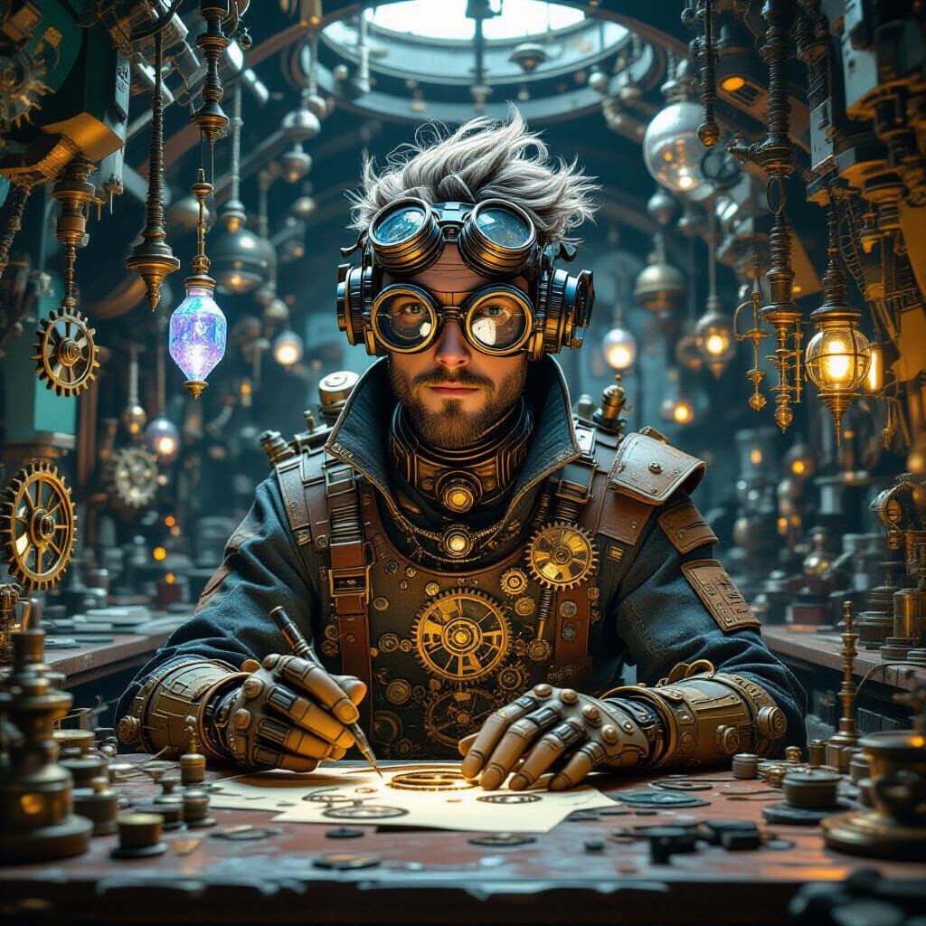 Steampunk Clockmaker in Whimsical Workshop