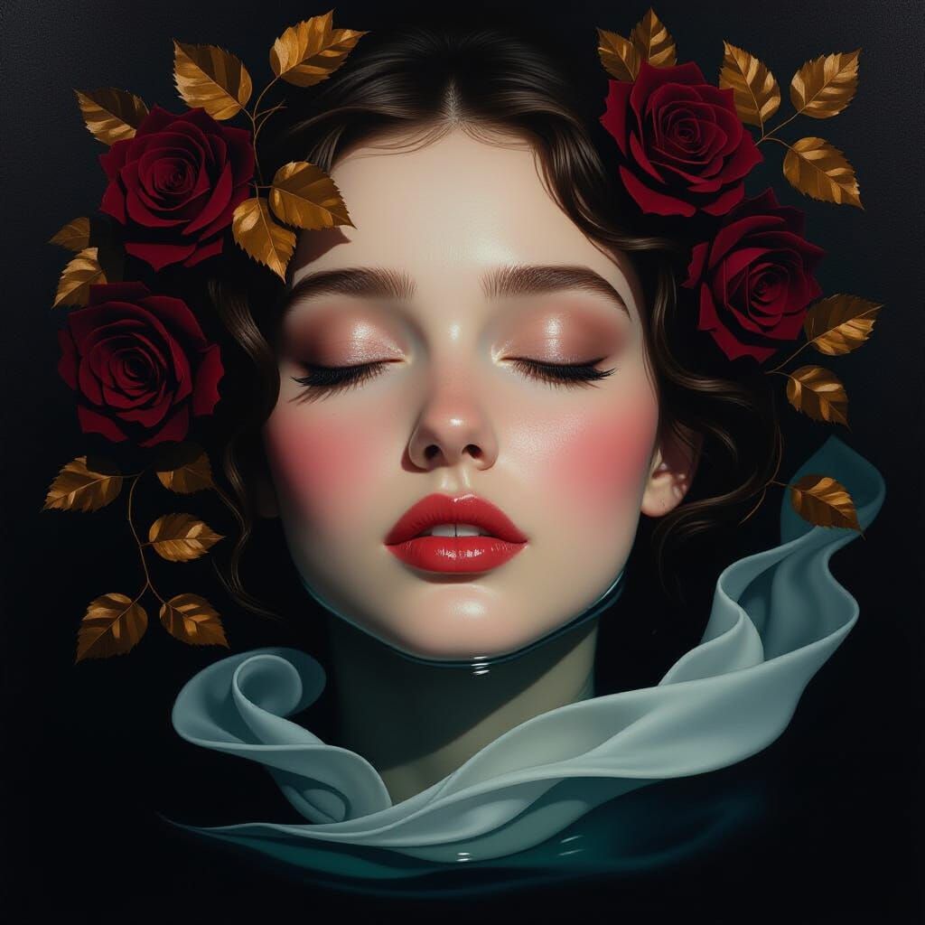 Young Woman's Ethereal Face in Water, Romanticism Oil Painti...