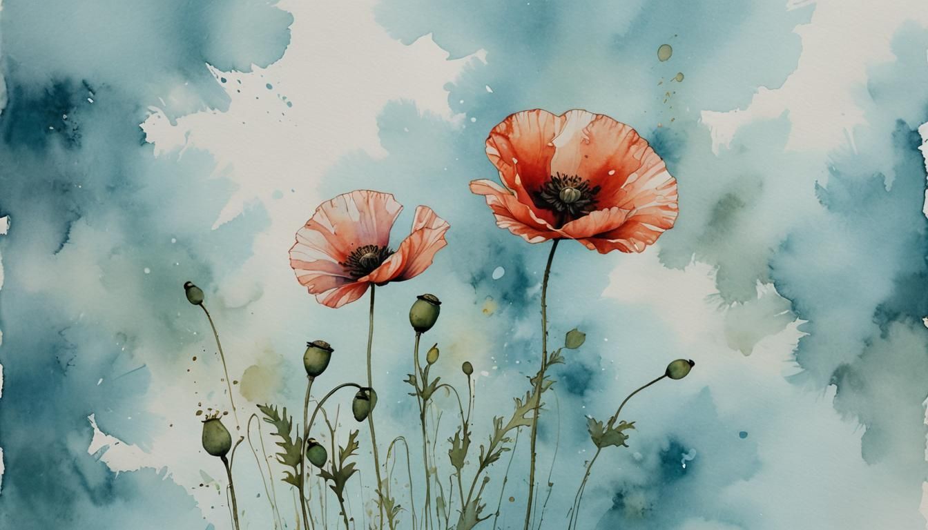 Minimalist Watercolor Poppy with Pale Blue Background