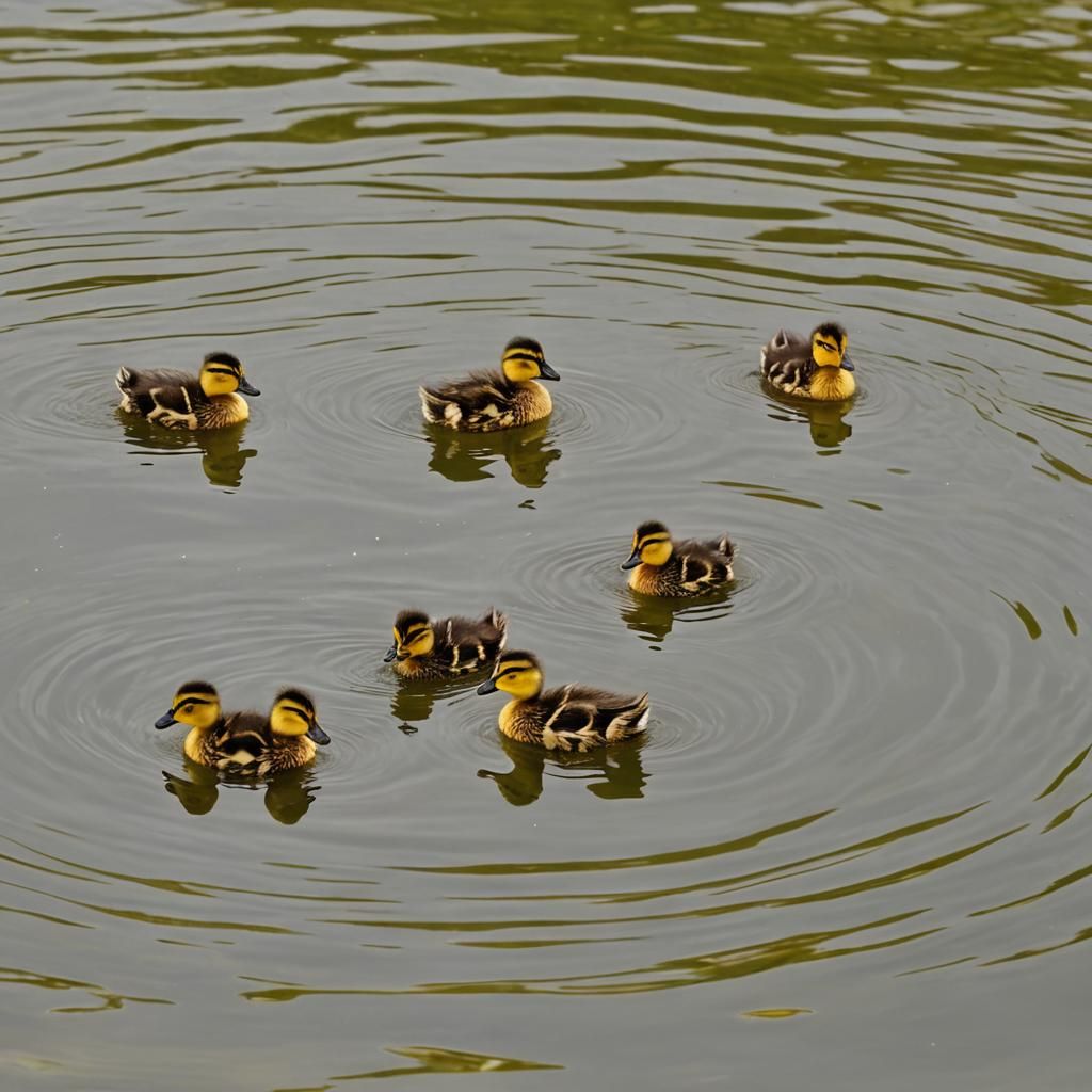 Adorable baby ducks swimming in a lake