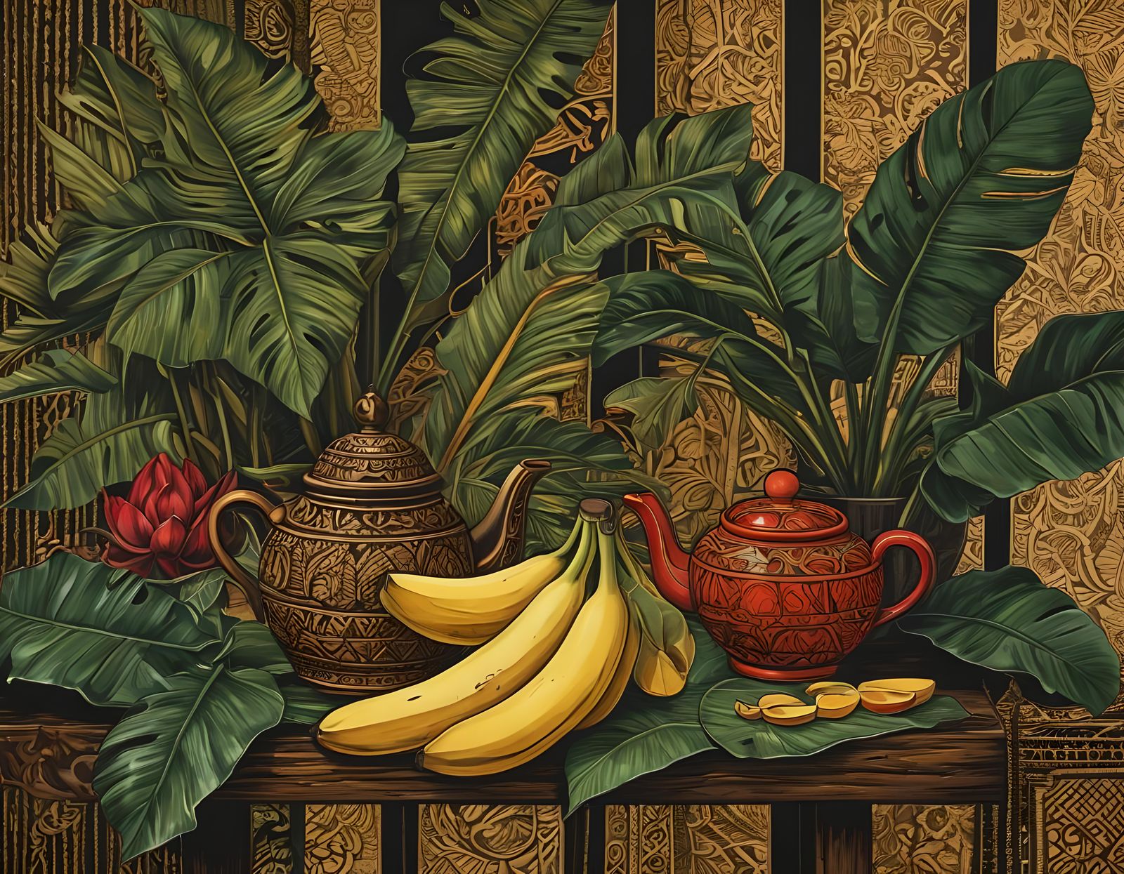 Indonesian Woodcut Print of Tropical Fruit Still Life