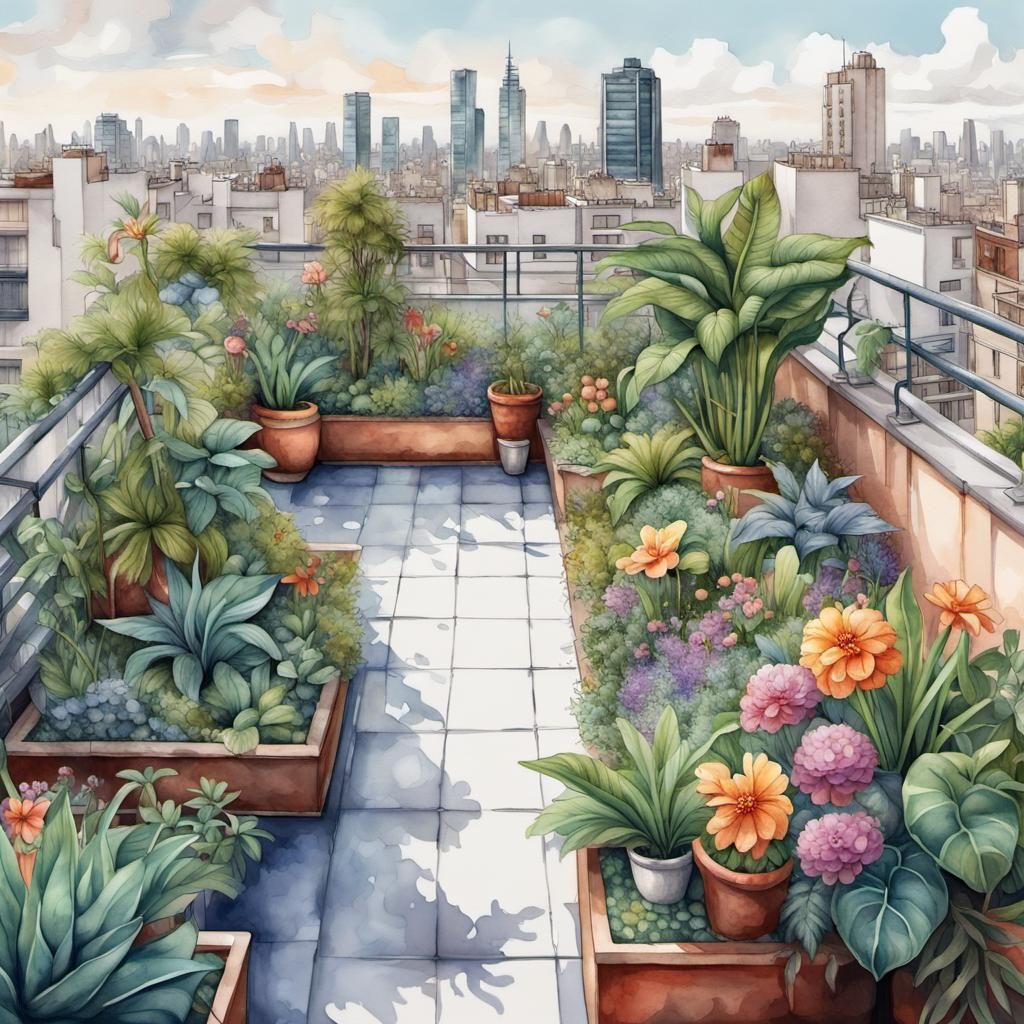 Sophisticated Rooftop Garden in Buenos Aires, Digital Art